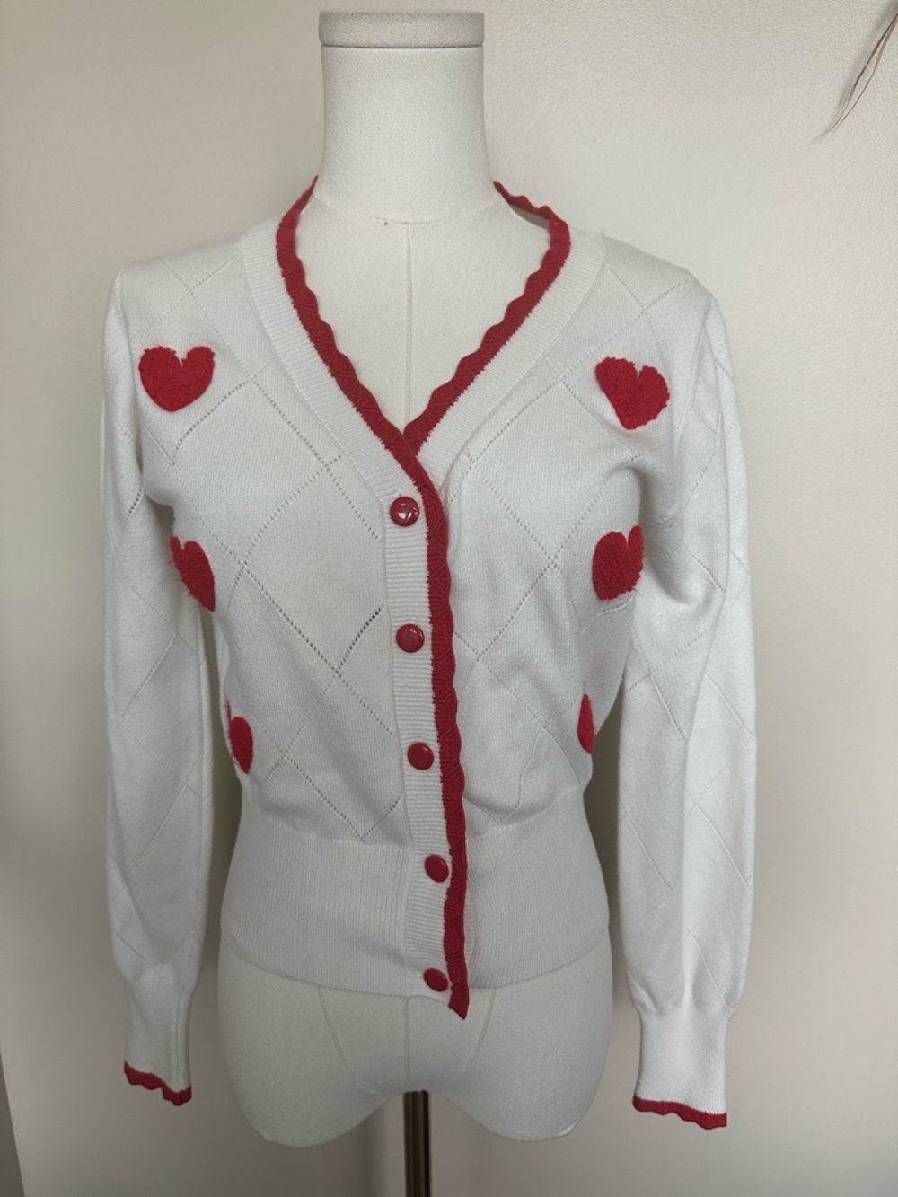 Belle Poque Coquette Heart Cardigan Sweater Small White Red GUC